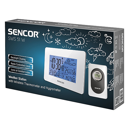 Метеостанція Sencor, внутр/зовн вимірювання, AAx3+AAAx2, темп-ра, вологість, час, прогноз погоди, білий
