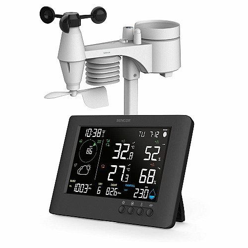 Метеостанция Sencor, внутр/наруж измерения, от сети/CR2032x1+AAx3, темп-ра, влажность, время, прогноз погоды, атмосферное давление, шв. ветра, подкл. до WIFI, черный