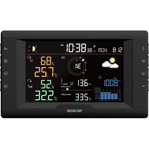Метеостанція Sencor, внутр/зовн вимірювання, від мережі/CR2032x1+AAx3, темп-ра, вологість, час, прогноз погоди, атмосферний тиск, шв. вітру, чорний