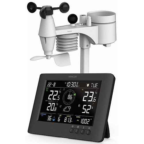 Метеостанция Sencor, внутр/наруж измерения, от сети/CR2032x1+AAx3, темп-ра, влажность, время, прогноз погоды, атмосферное давление, шв. ветра, черный