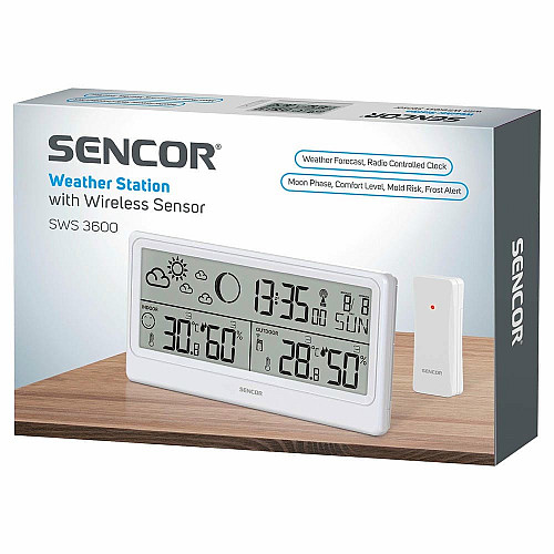 Метеостанция Sencor, внутр/наруж измерения, от сети/АААх3+ААх2, темп-ра, влажность, время, прогноз погоды, белый