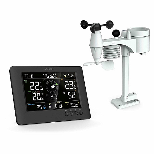 Метеостанция Sencor, внутр/наруж измерения, от сети/CR2032x1+AAx3, темп-ра, влажность, время, прогноз погоды, атмосферное давление, шв. ветра, черный