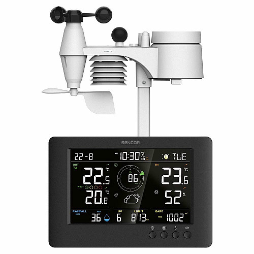 Метеостанция Sencor, внутр/наруж измерения, от сети/CR2032x1+AAx3, темп-ра, влажность, время, прогноз погоды, атмосферное давление, шв. ветра, черный