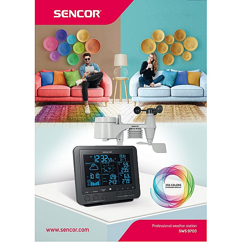 Метеостанция Sencor, внутр/наруж измерения, от сети/CR2032x1+AAx3, темп-ра, влажность, время, прогноз погоды, атмосферное давление, шв. ветра, черный
