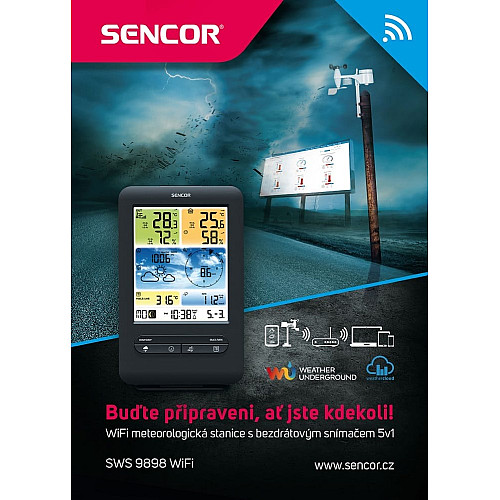 Метеостанция Sencor, внутр/наруж измерения, от сети/CR2032x1+AAx3, темп-ра, влажность, время, прогноз погоды, атмосферное давление, шв. ветра, черный