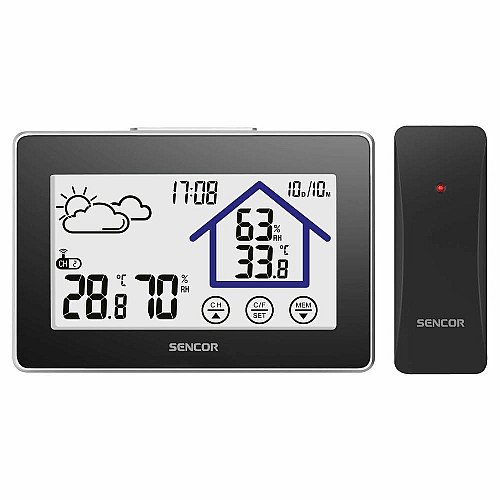 Метеостанция Sencor, внутр/наруж измерения, АААх3+ААх2, темп-ра, влажность, время, прогноз погоды, черный