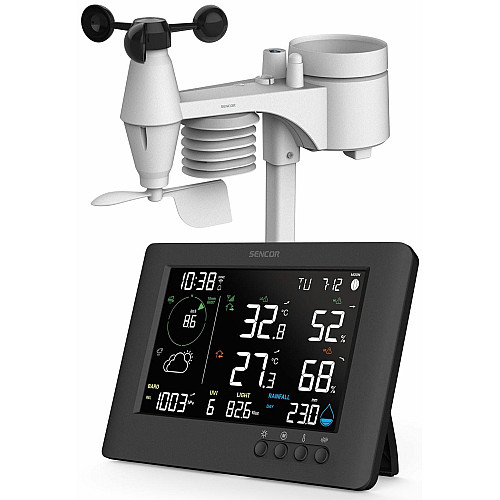 Метеостанция Sencor, внутр/наруж измерения, от сети/CR2032x1+AAx3, темп-ра, влажность, время, прогноз погоды, атмосферное давление, шв. ветра, подкл. до WIFI, черный