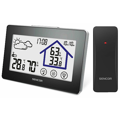 Метеостанция Sencor, внутр/наруж измерения, АААх3+ААх2, темп-ра, влажность, время, прогноз погоды, черный