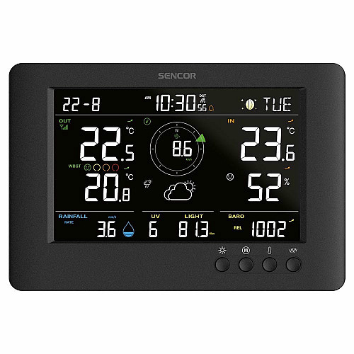 Метеостанция Sencor, внутр/наруж измерения, от сети/CR2032x1+AAx3, темп-ра, влажность, время, прогноз погоды, атмосферное давление, шв. ветра, черный