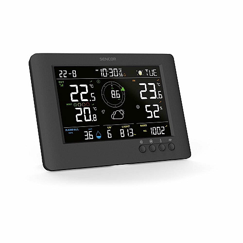 Метеостанция Sencor, внутр/наруж измерения, от сети/CR2032x1+AAx3, темп-ра, влажность, время, прогноз погоды, атмосферное давление, шв. ветра, черный