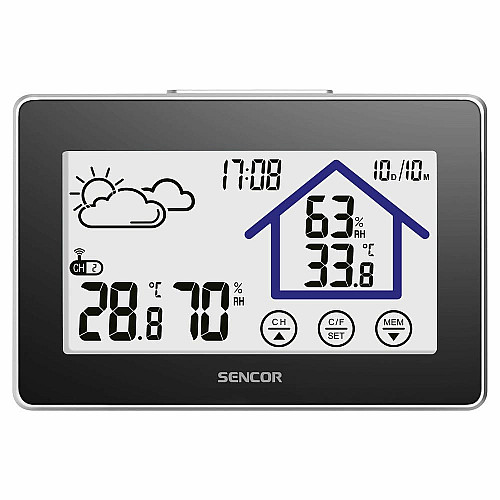 Метеостанция Sencor, внутр/наруж измерения, АААх3+ААх2, темп-ра, влажность, время, прогноз погоды, черный