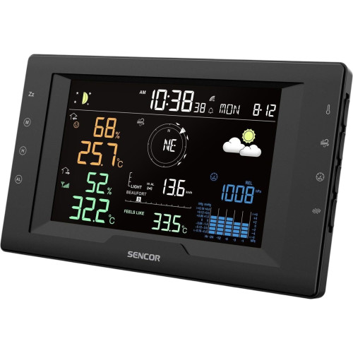 Метеостанція Sencor, внутр/зовн вимірювання, від мережі/CR2032x1+AAx3, темп-ра, вологість, час, прогноз погоди, атмосферний тиск, шв. вітру, чорний