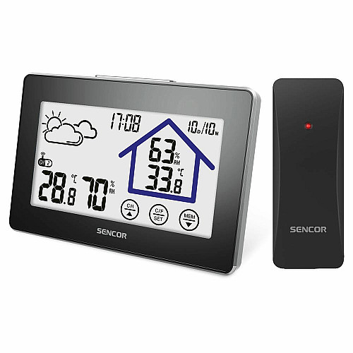 Метеостанция Sencor, внутр/наруж измерения, АААх3+ААх2, темп-ра, влажность, время, прогноз погоды, черный