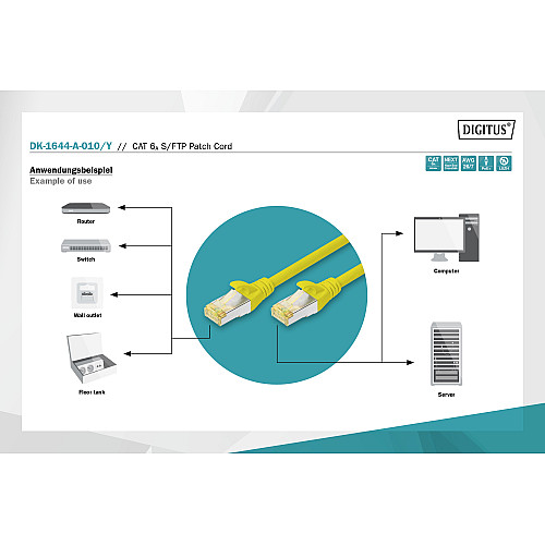 Патч-корд DIGITUS CAT 6a S-FTP, 1м, AWG 26/7, Cu, LSZH, жовтий