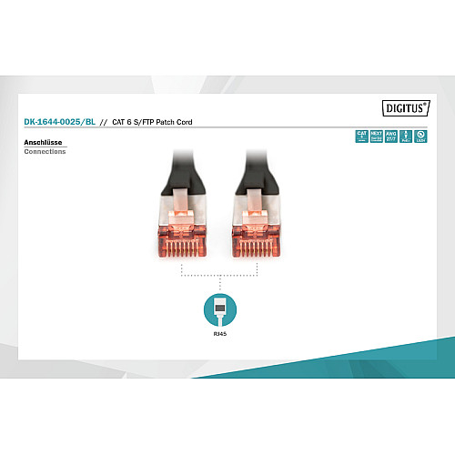 Патч-корд DIGITUS CAT 6 S-FTP, 0.25м, AWG 27/7, LSZH, черный