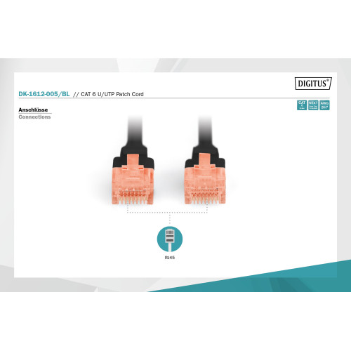 Патч-корд DIGITUS CAT 6 UTP, 0.5м, AWG 26/7, CCA, PVC, чорний