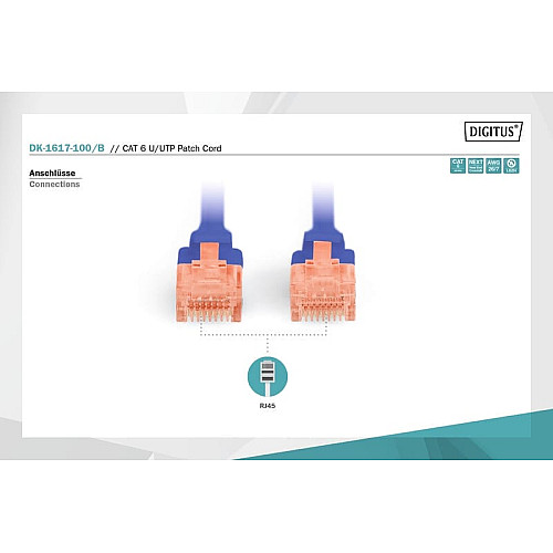 Патч-корд DIGITUS CAT 6 UTP, 10м, AWG 26/7, Cu, LSZH, синий