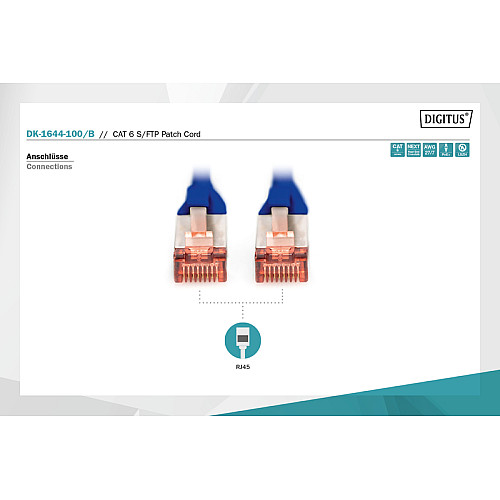 Патч-корд DIGITUS CAT 6 S-FTP, 10м, AWG 27/7, LSZH, синій