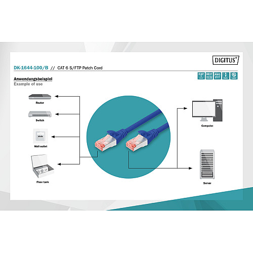 Патч-корд DIGITUS CAT 6 S-FTP, 10м, AWG 27/7, LSZH, синій