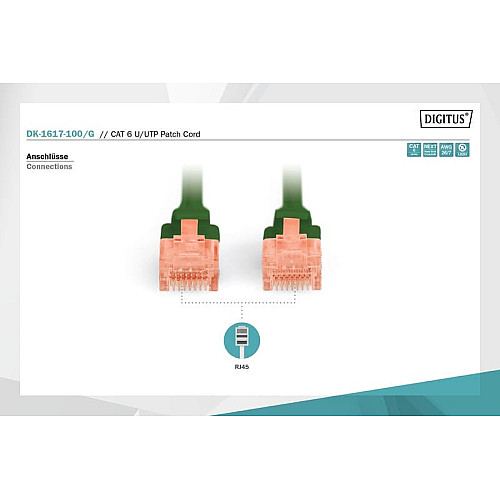 Патч-корд DIGITUS CAT 6 UTP, 10м, AWG 26/7, Cu, LSZH, зелений
