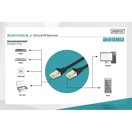 Патч-корд DIGITUS CAT 6a S-FTP, 1м, AWG 26/7, Cu, LSZH, чорний