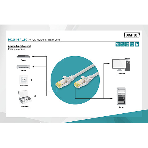 Патч-корд DIGITUS CAT 6a S-FTP, 15м, AWG 26/7, Cu, LSZH, серый