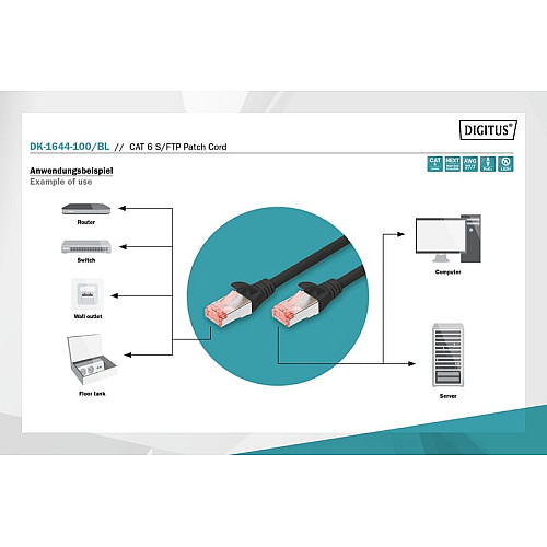 Патч-корд DIGITUS CAT 6 S-FTP, 10м, AWG 27/7, LSZH, чорний