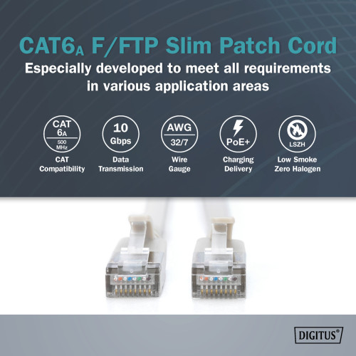 Патч-корд DIGITUS CAT 6a F-FTP Sliim, 5 м, AWG 32/7, Cu, LSZH, сірий