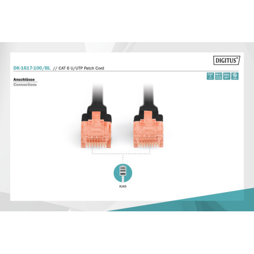 Патч-корд DIGITUS CAT 6 UTP, 10м, AWG 26/7, Cu, LSZH, чорний