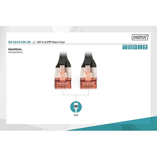Патч-корд DIGITUS CAT 6 S-FTP, 10м, AWG 27/7, LSZH, чорний