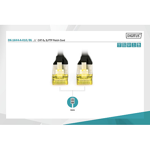 Патч-корд DIGITUS CAT 6a S-FTP, 1м, AWG 26/7, Cu, LSZH, чорний