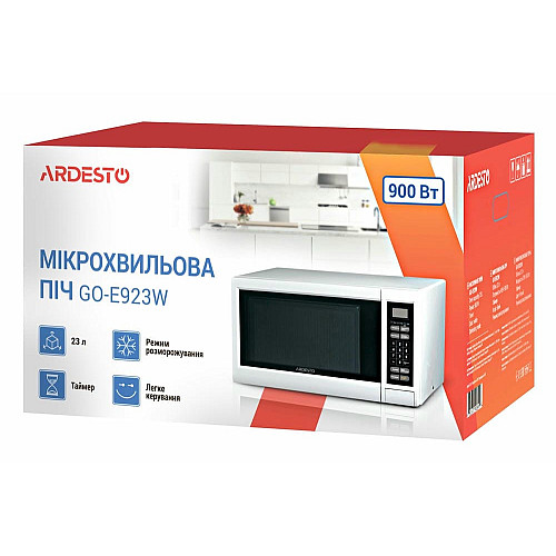 Мікрохвильова піч ARDESTO, 23л, електр.керув., 900Вт, дисплей, відкр.кнопкою, білий
