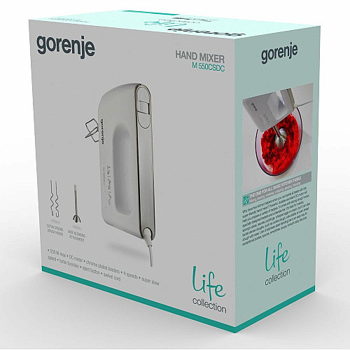 Миксер Gorenje ручной 550Вт, насадки-4 венчика + блендер, турборежим, белый