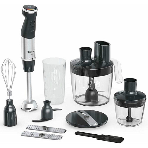 Блендер Tefal погружной Quickchef+, 1000Вт, 4в1, чаша-800мл, чоппер-500мл, кухонный комбайн 5в1, турборежим, серо-черный