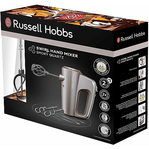 Миксер Russell Hobbs ручной Smoky Quartz, 350Вт, насадки-4, турборежим, серебристый