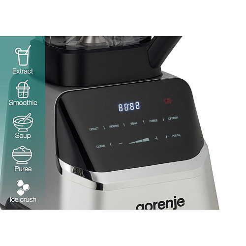 Блендер Gorenje стаціонарний 1500Вт, чаша-2000мл, дисплей, подрібнювач, чорний-нерж