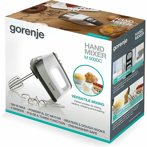 Миксер Gorenje ручной 500Вт, насадки-4 венчика, турборежим, белый-нерж.