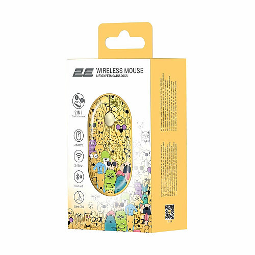 Миша 2E MF300 PETS:CATS&DOGS Silent WL BT, жовтий