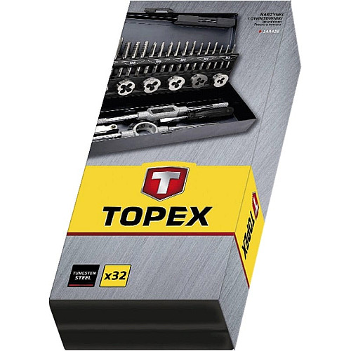Плашки та мітчики TOPEX, M3-M12, крок різьблення 0.5-1.75мм, вольфрамова сталь, металевий кейс, набір 32шт