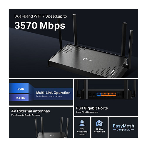 Маршрутизатор TP-LINK Archer BE220 BE3600, 4xGE LAN, 1xGE WAN, MESH