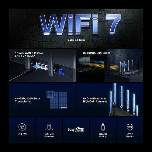 Маршрутизатор MERCUSYS MR37BE BE6500, 2xGE LAN, 1x2.5GE LAN, 1x2.5GE WAN, MESH