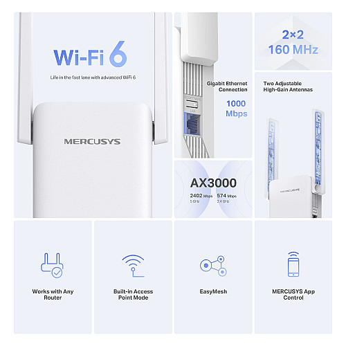 Розширювач покриття WiFi MERCUSYS ME80X AX3000, 1хGE LAN
