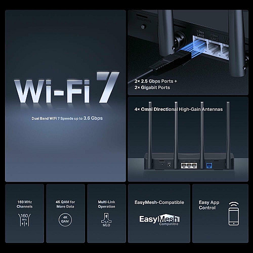 Маршрутизатор MERCUSYS MR27BE BE3600, 2xGE LAN, 1x2.5GE LAN, 1x2.5GE WAN, MESH