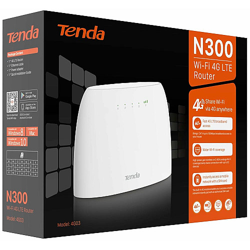 Маршрутизатор TENDA 4G03 N300, 4G/LTE, 1xFE LAN, 1xFE LAN/WAN, Слот для SIM-карты