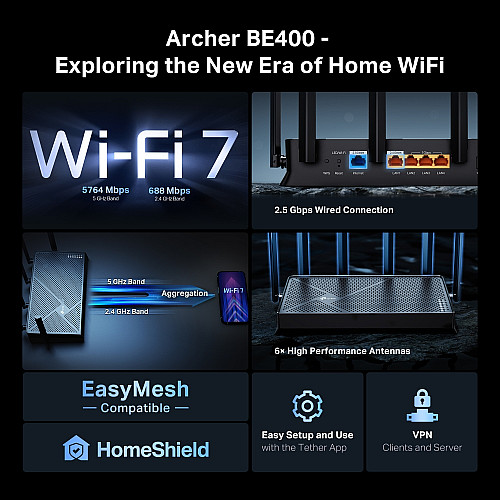 Маршрутизатор TP-LINK Archer BE400 BE6500, 3xGE LAN, 1x2.5GE LAN, 1x2.5GE WAN, 1xUSB3.0 MESH