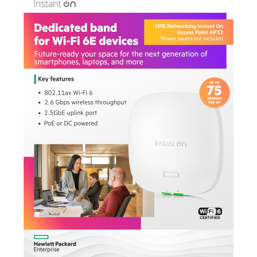 Точка доступу HPE Aruba Instant On AP32, DR2x2:2, Wi-Fi 6E, 1x2.5GE port, RND75, Indoor