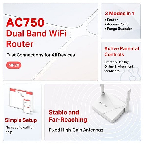 Маршрутизатор MERCUSYS MR20 AC750, 2xFE LAN, 1xFE WAN
