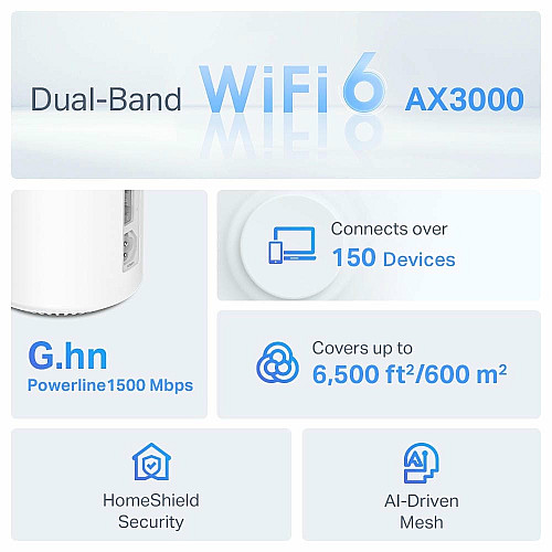 Система WiFi-Mesh TP-LINK Deco PX50 AX3000, 3xGE LAN/WAN, 3 моды, Powerline G1500