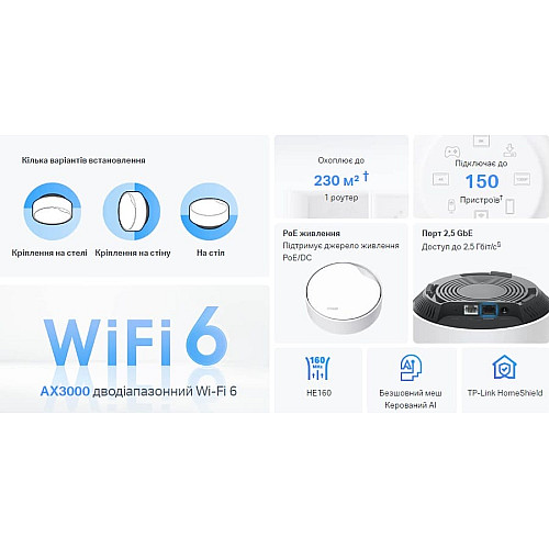 Система WiFi-Mesh TP-LINK Deco X50 AX3000, 1xGE LAN/WAN, 1x2,5GE LAN/WAN, 1мод, PoE