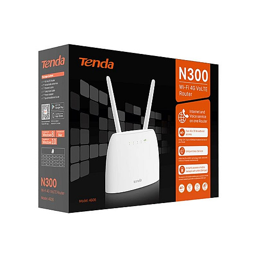 Маршрутизатор TENDA 4G06 N300, 4G/LTE, 1xFE LAN, 1xFE LAN/WAN, 1xRJ11, Cлот для SIM-карты